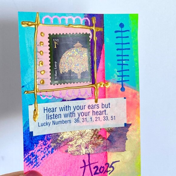 ACEO Original Art Card Acrylic Mixed Media Collage Tiffany Lamp PostageStamp ATC - Picture 2 of 3